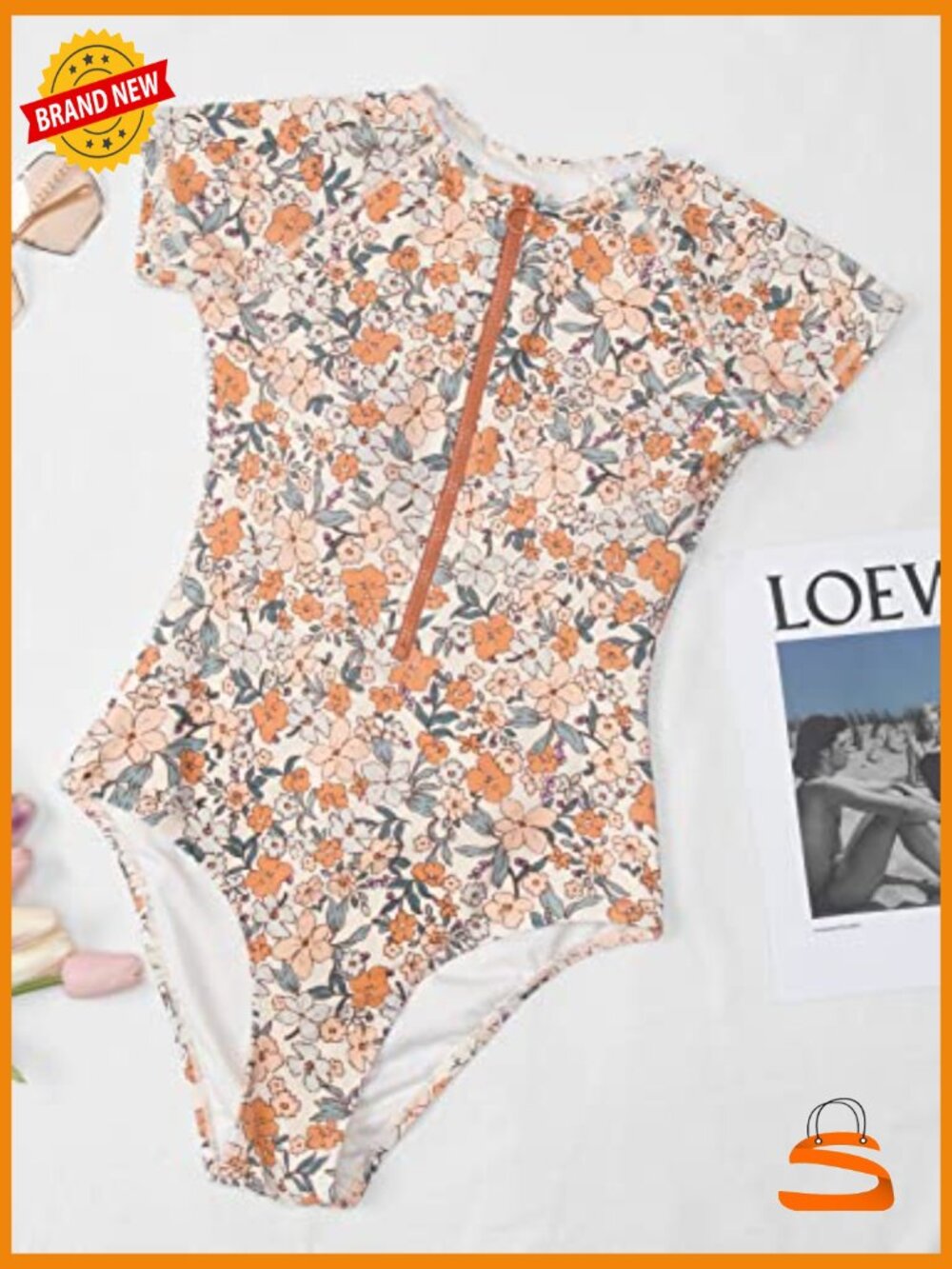 Mock Neck Zipper Short Sleeve One Piece Swimsuit - Picture 5 of 7